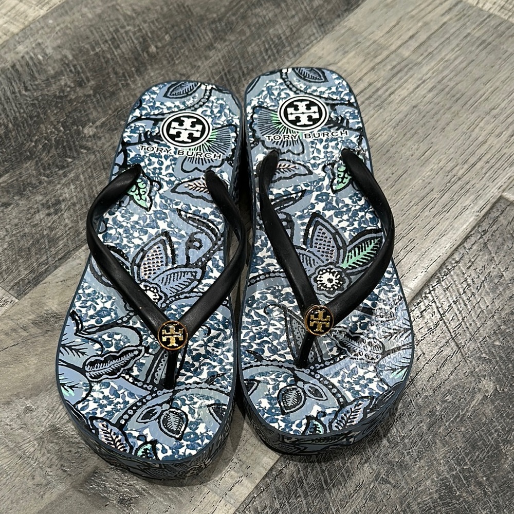 Tory Burch Black and Blue Floral Sandals